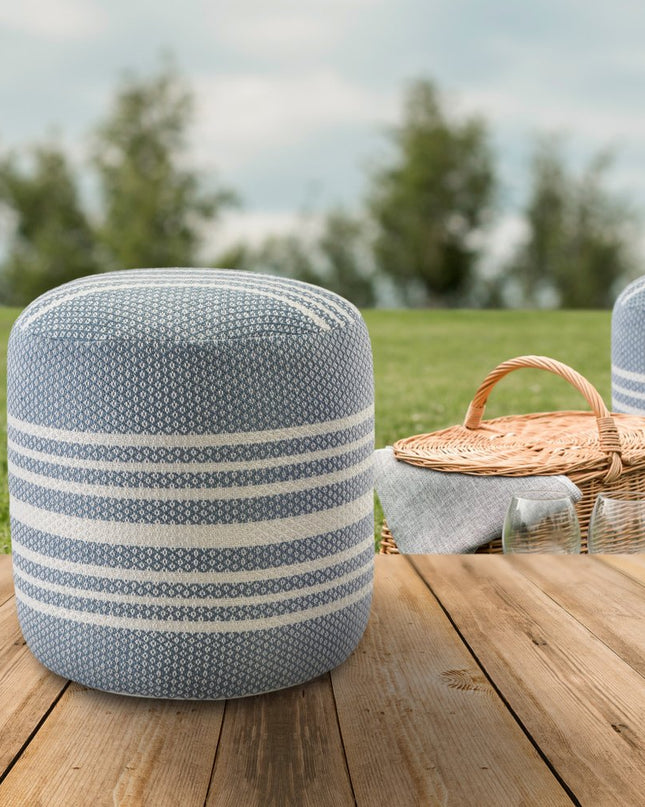 20" Blue Polyester Round Striped Indoor Outdoor Pouf Ottoman
