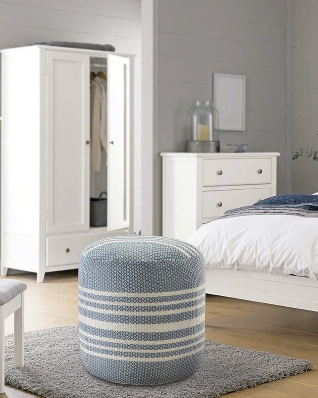 20" Blue Polyester Round Striped Indoor Outdoor Pouf Ottoman
