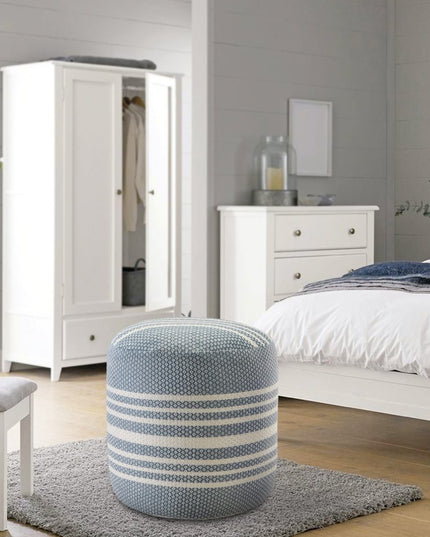 20" Blue Polyester Round Striped Indoor Outdoor Pouf Ottoman