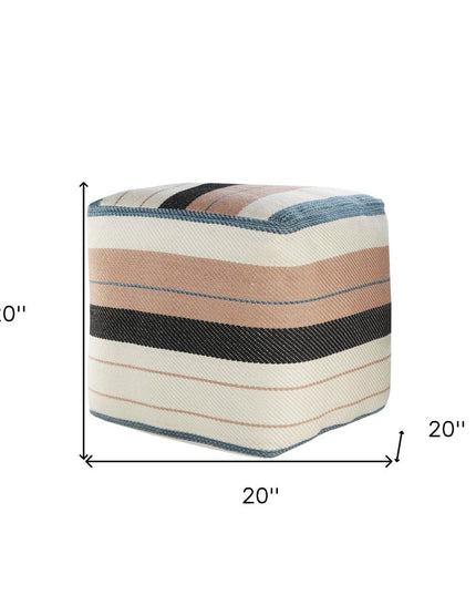 20" White Polyester Striped Indoor Outdoor Pouf Ottoman