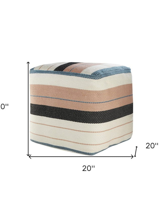20" White Polyester Striped Indoor Outdoor Pouf Ottoman