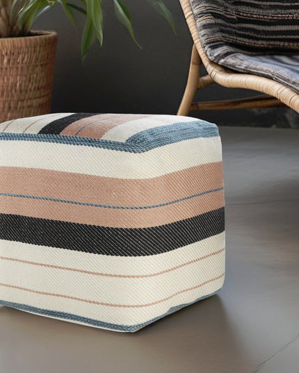 20" White Polyester Striped Indoor Outdoor Pouf Ottoman