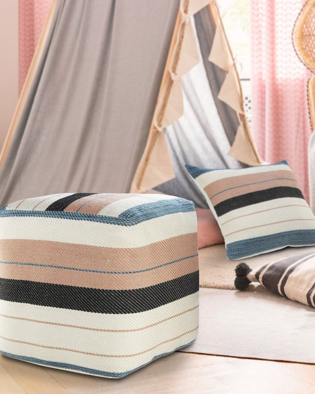 20" White Polyester Striped Indoor Outdoor Pouf Ottoman