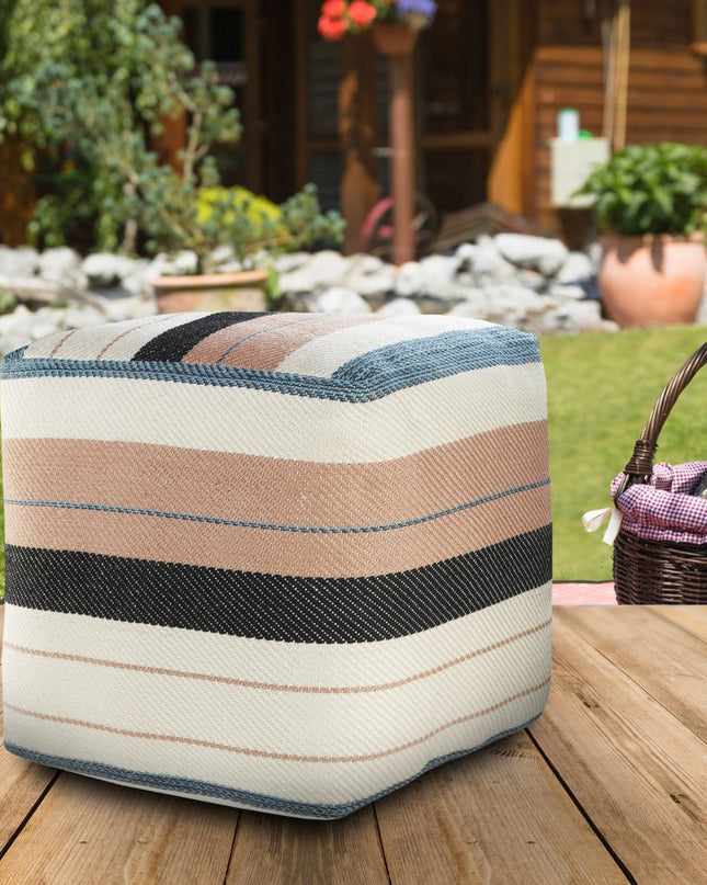20" White Polyester Striped Indoor Outdoor Pouf Ottoman