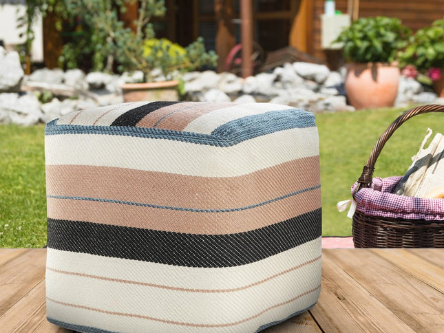 20" White Polyester Striped Indoor Outdoor Pouf Ottoman