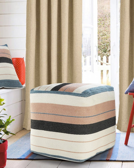 20" White Polyester Striped Indoor Outdoor Pouf Ottoman