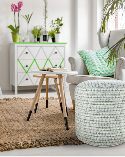 20" Blue Polyester Round Geometric Indoor Outdoor Pouf Ottoman