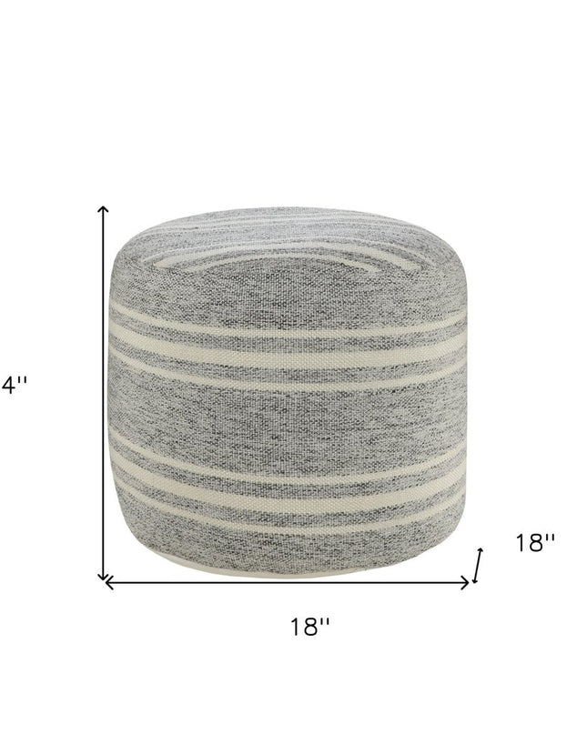 18" Gray Polyester Round Striped Indoor Outdoor Pouf Ottoman