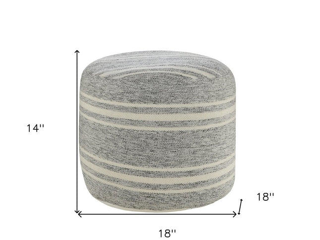 18" Gray Polyester Round Striped Indoor Outdoor Pouf Ottoman