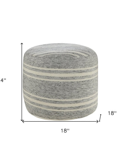 18" Gray Polyester Round Striped Indoor Outdoor Pouf Ottoman
