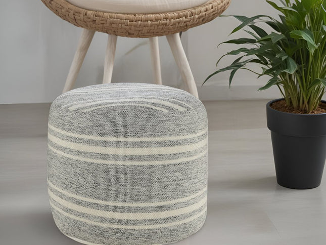 18" Gray Polyester Round Striped Indoor Outdoor Pouf Ottoman