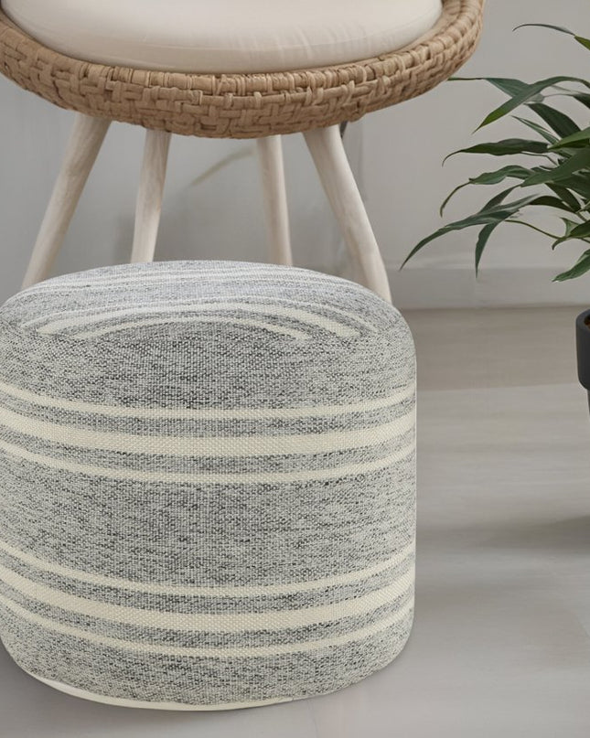 18" Gray Polyester Round Striped Indoor Outdoor Pouf Ottoman