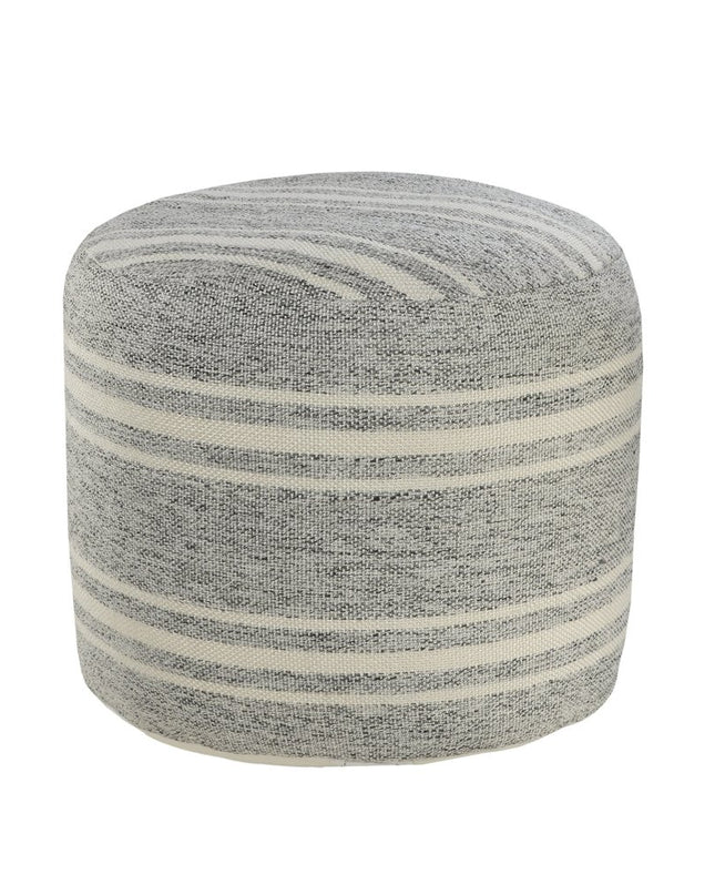 18" Gray Polyester Round Striped Indoor Outdoor Pouf Ottoman