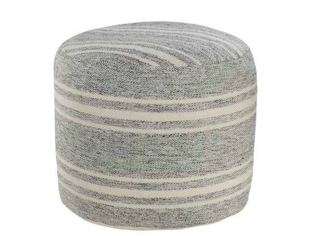 18" Gray Polyester Round Striped Indoor Outdoor Pouf Ottoman