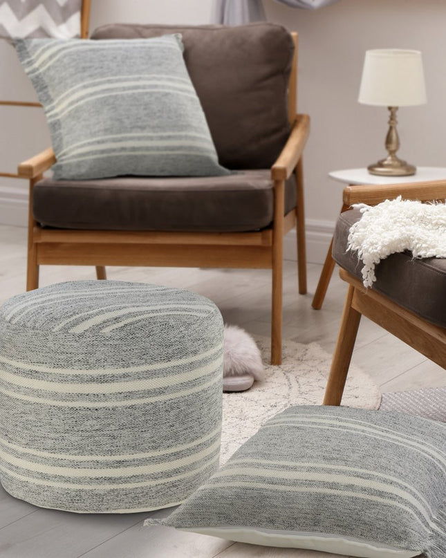 18" Gray Polyester Round Striped Indoor Outdoor Pouf Ottoman