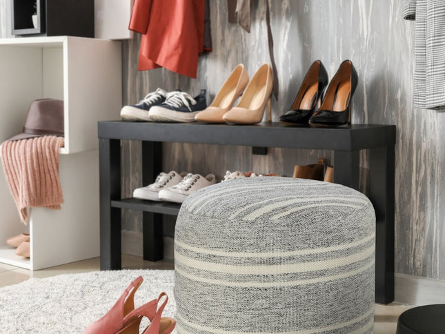 18" Gray Polyester Round Striped Indoor Outdoor Pouf Ottoman