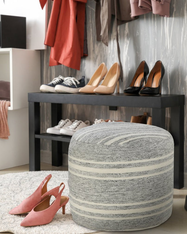 18" Gray Polyester Round Striped Indoor Outdoor Pouf Ottoman