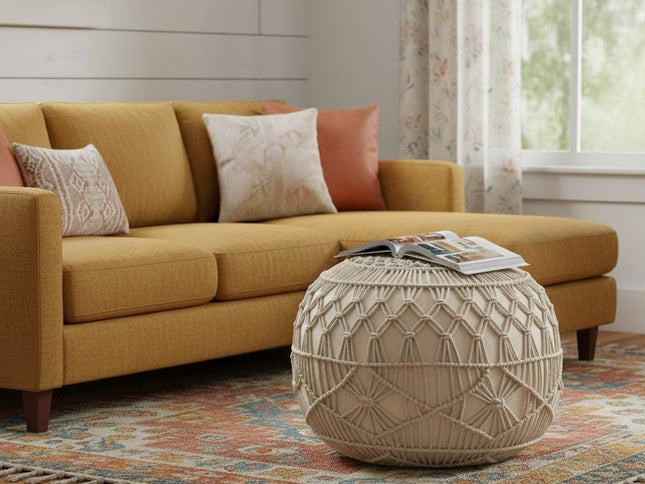 20" Cream Cotton Tufted Round Geometric Pouf Ottoman