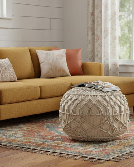 20" Cream Cotton Tufted Round Geometric Pouf Ottoman