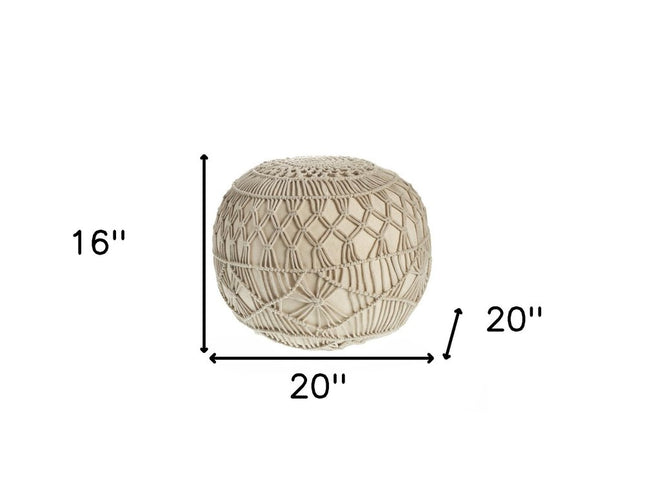 20" Cream Cotton Tufted Round Geometric Pouf Ottoman
