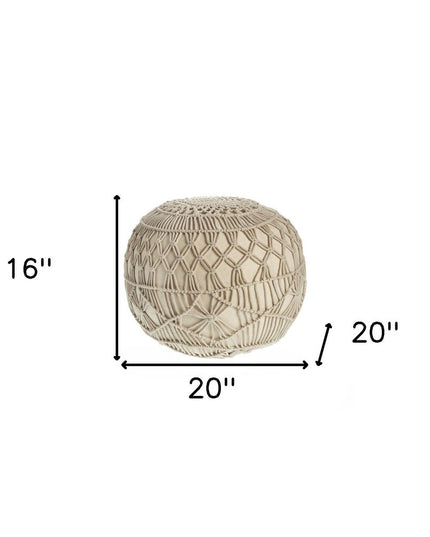 20" Cream Cotton Tufted Round Geometric Pouf Ottoman