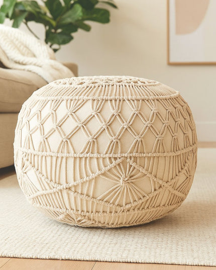 20" Cream Cotton Tufted Round Geometric Pouf Ottoman