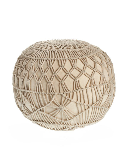 20" Cream Cotton Tufted Round Geometric Pouf Ottoman