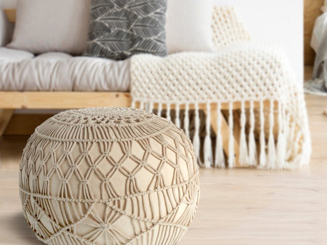 20" Cream Cotton Tufted Round Geometric Pouf Ottoman
