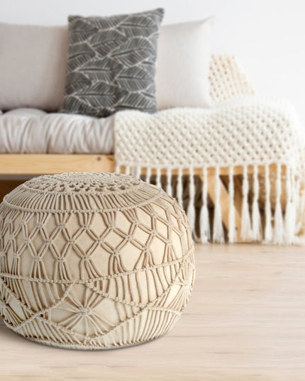 20" Cream Cotton Tufted Round Geometric Pouf Ottoman