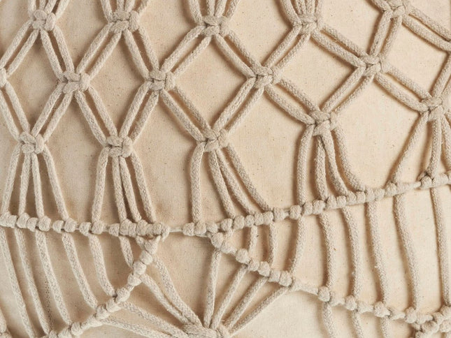 20" Cream Cotton Tufted Round Geometric Pouf Ottoman