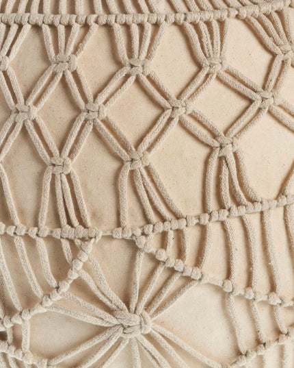 20" Cream Cotton Tufted Round Geometric Pouf Ottoman