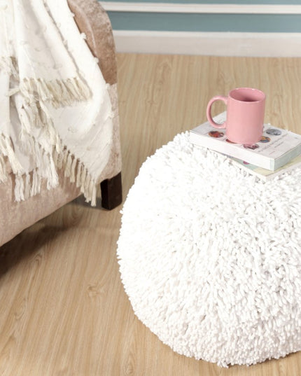 20" Cream Cotton Tufted Round Geometric Pouf Ottoman