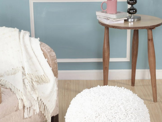 20" Cream Cotton Tufted Round Geometric Pouf Ottoman