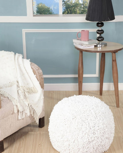 20" Cream Cotton Tufted Round Geometric Pouf Ottoman