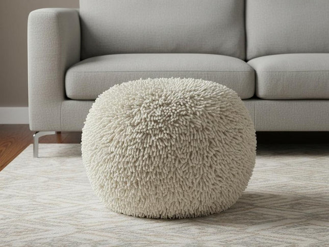 20" Cream Cotton Tufted Round Geometric Pouf Ottoman
