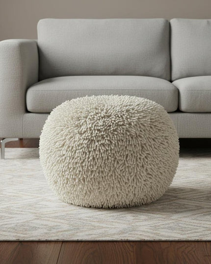 20" Cream Cotton Tufted Round Geometric Pouf Ottoman