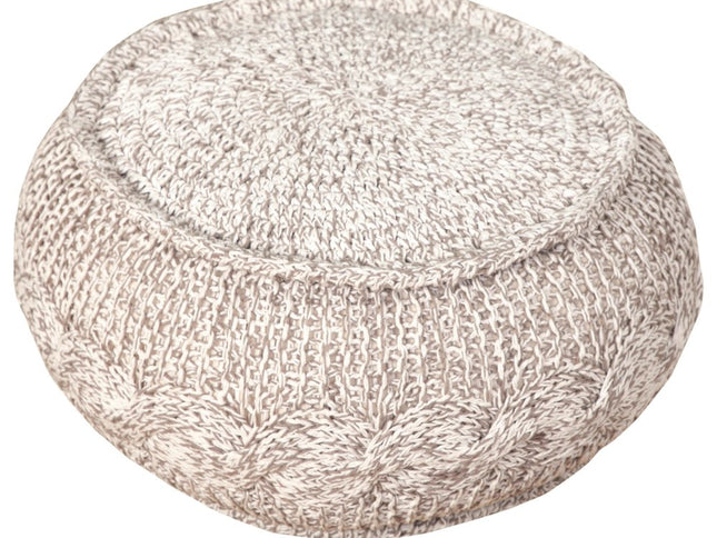 20" Beige Cotton Round Geometric Pouf Ottoman
