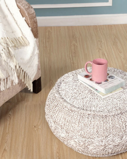 20" Beige Cotton Round Geometric Pouf Ottoman