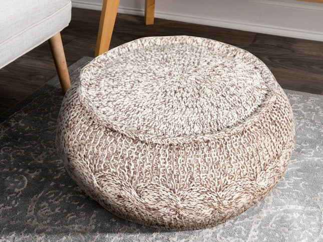 20" Beige Cotton Round Geometric Pouf Ottoman
