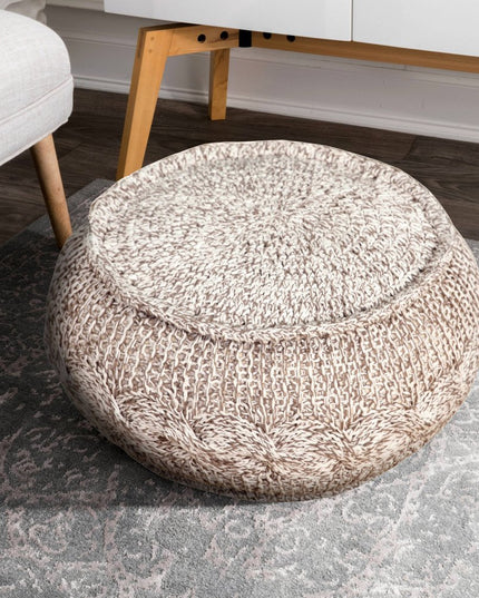 20" Beige Cotton Round Geometric Pouf Ottoman