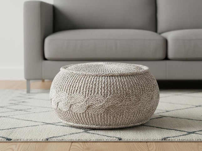 20" Beige Cotton Round Geometric Pouf Ottoman