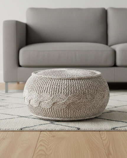 20" Beige Cotton Round Geometric Pouf Ottoman