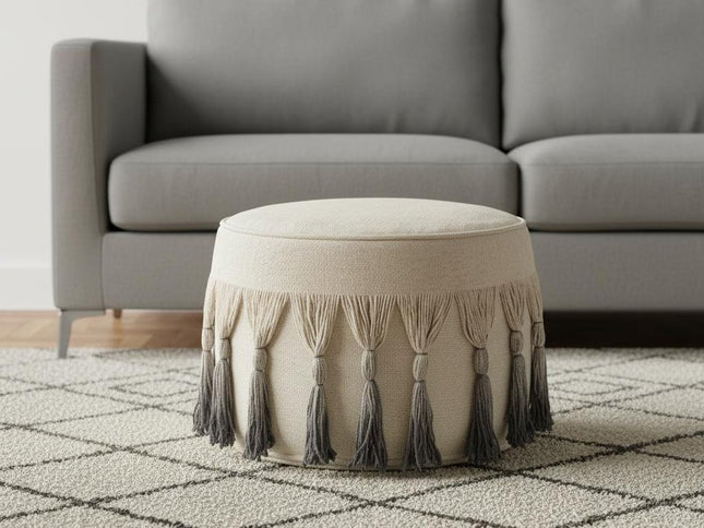 20" Beige Cotton Round Ombre Pouf Ottoman