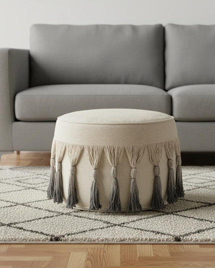 20" Beige Cotton Round Ombre Pouf Ottoman