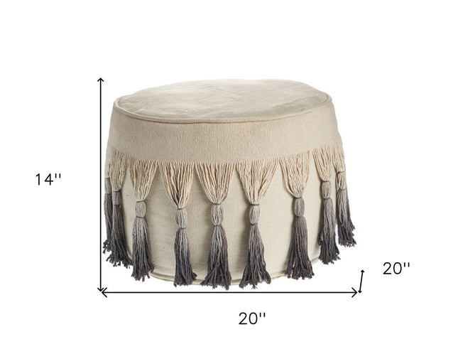 20" Beige Cotton Round Ombre Pouf Ottoman