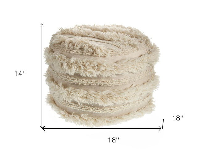 18" Ivory Cotton Round Striped Pouf Ottoman