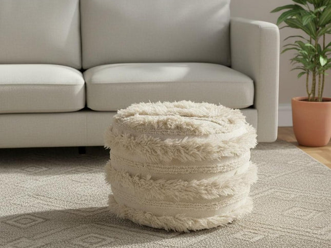 18" Ivory Cotton Round Striped Pouf Ottoman