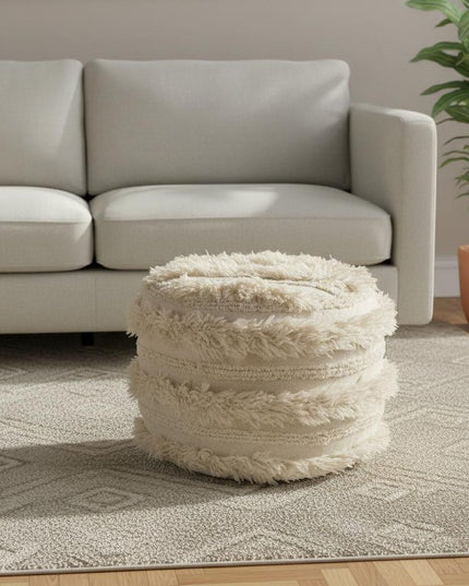 18" Ivory Cotton Round Striped Pouf Ottoman