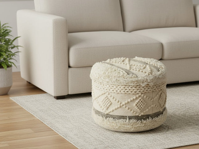 18" Cream Wool Cotton Blend Round Geometric Pouf Ottoman