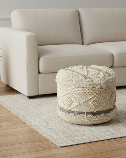 18" Cream Wool Cotton Blend Round Geometric Pouf Ottoman